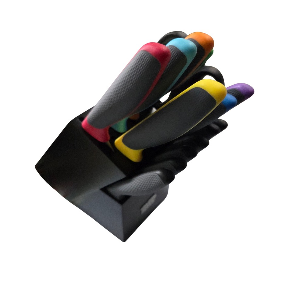 Tasty 11 Piece Knife Block Set Multi Color Soft Grip Handles Black Storage Block - Picture 4 of 6